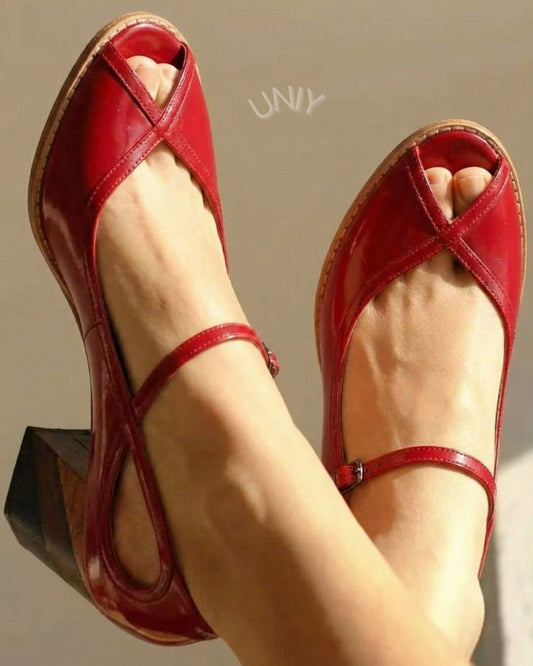 Red Patent Leather Peep Toe T-Strap Block Heel Pumps [Pre Order]