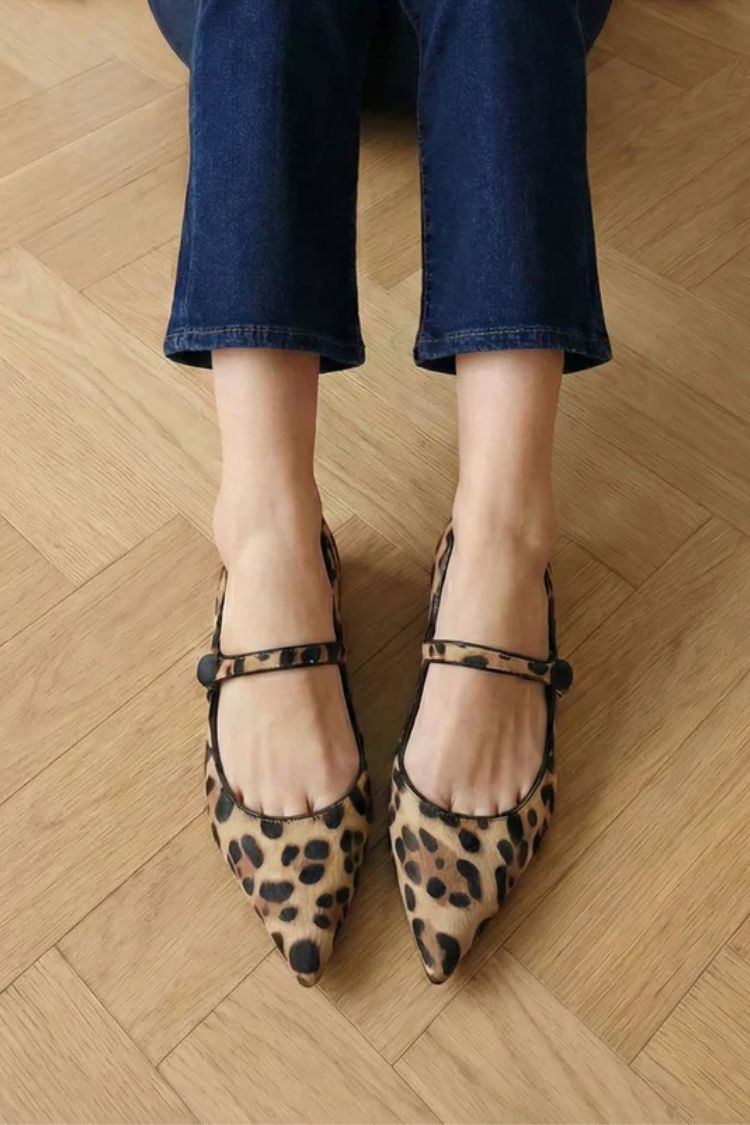 Ballerine Mary Jane a punta vintage in pelo di vitello stampa leopardo [Pre ordine]
