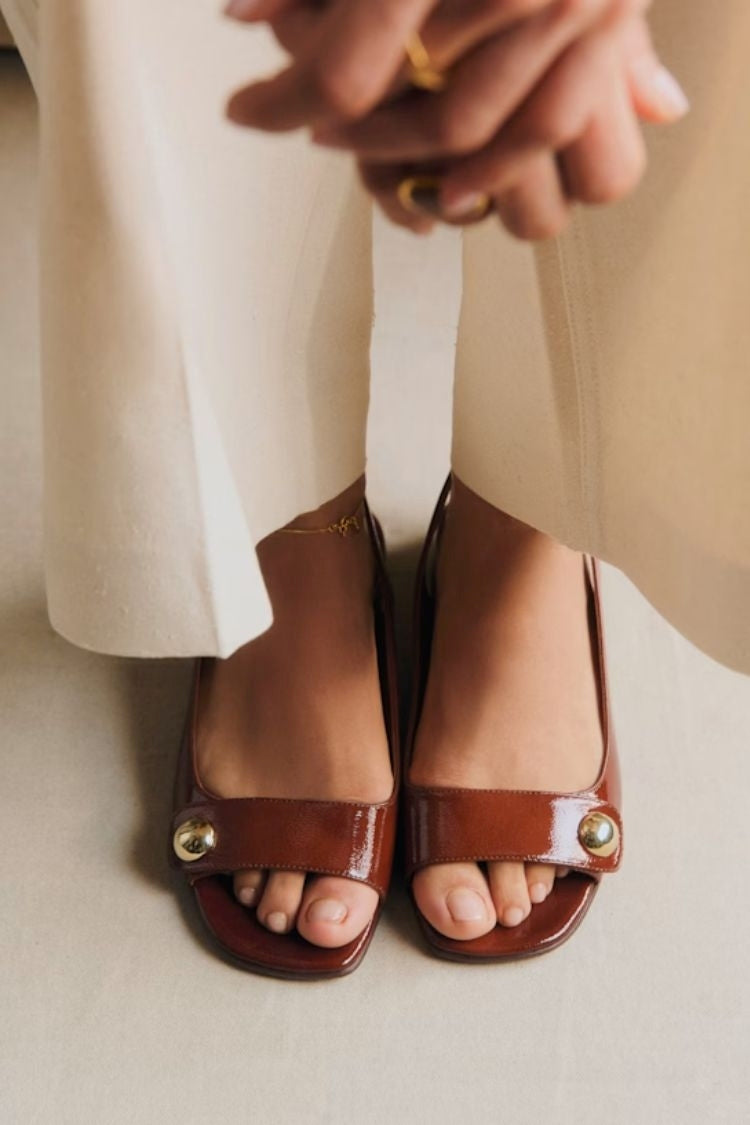 Retro Burgundy Patent Leather Gold Button Slingback Sandals [Pre Order]