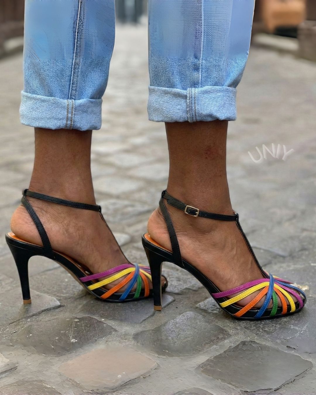 Kleurrijke Regenboog Sandalen met Enkelbandje en Blokhak [Vooraf Bestellen]