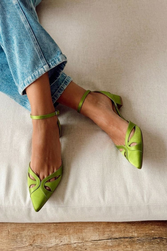 Lime Green Satin Pointed Toe Cut-Out Ankle Strap Kitten Heels [Pre Order]