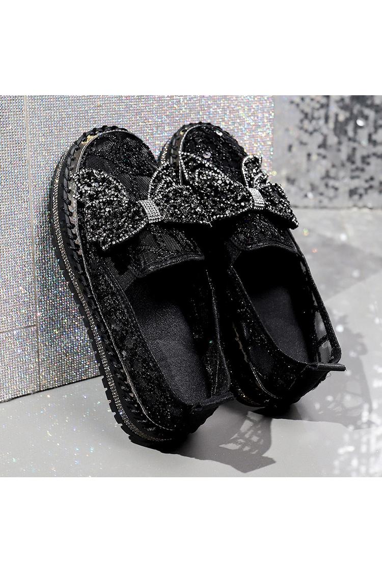 Strass Schleifen Dekor Mesh Runde Zehen Freizeit Plateau Slipper