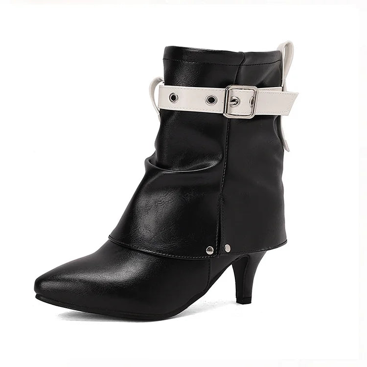 Colorblock Strap Buckle Fold Over Pointed Toe Kitten Heel Ankle Boots