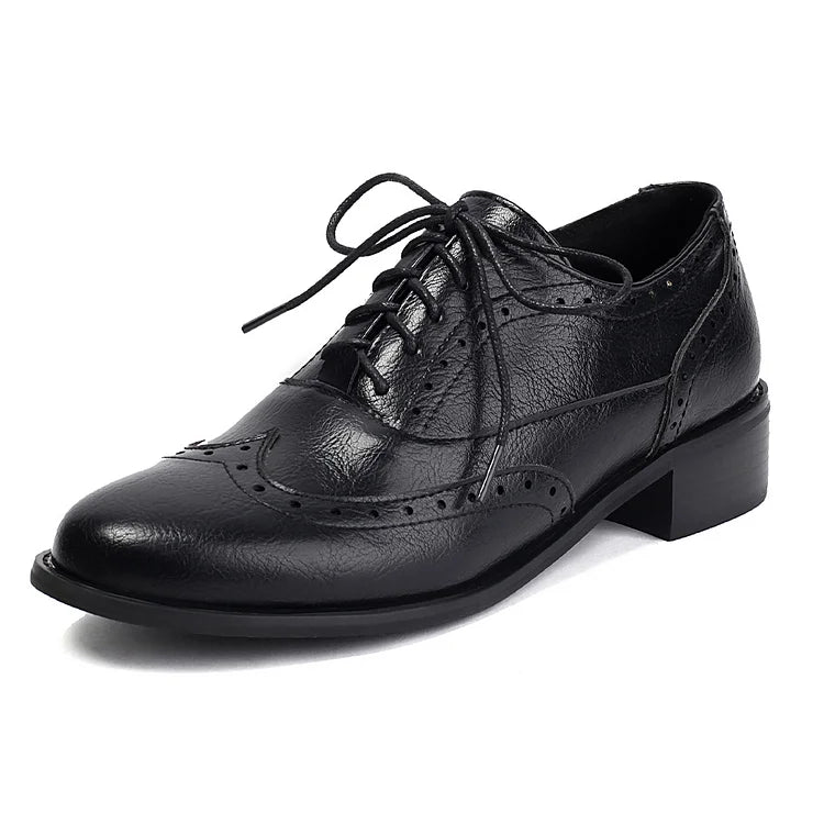 Patchwork Solid Color Round Toe Low Block Heel Lace Up Brogue Oxfords