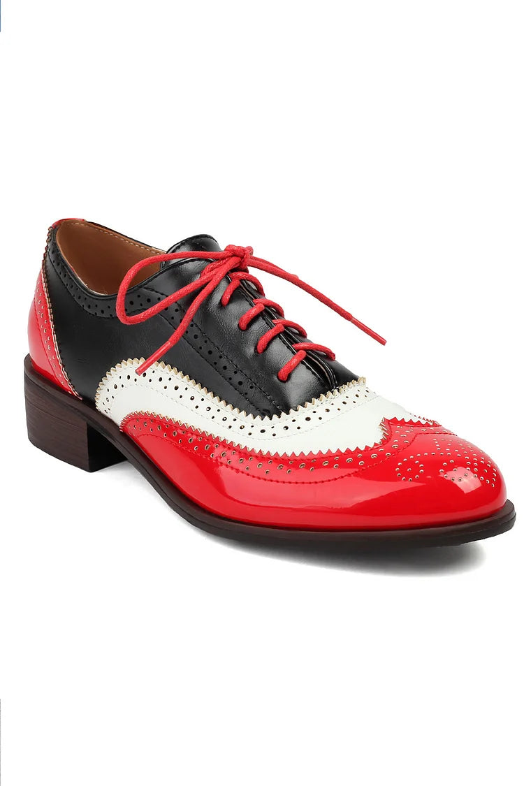 Colorblock Round Toe Low Block Heel Lace Up Brogue Oxfords