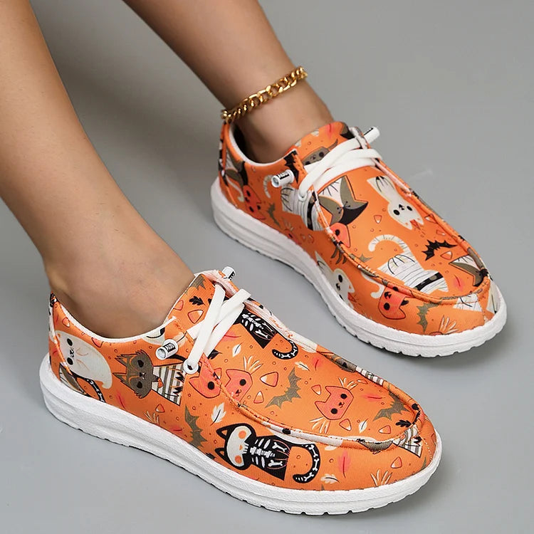 Halloween Element Pumpkin Ghost Skull Print Lace Up Canvas Casual Shoes