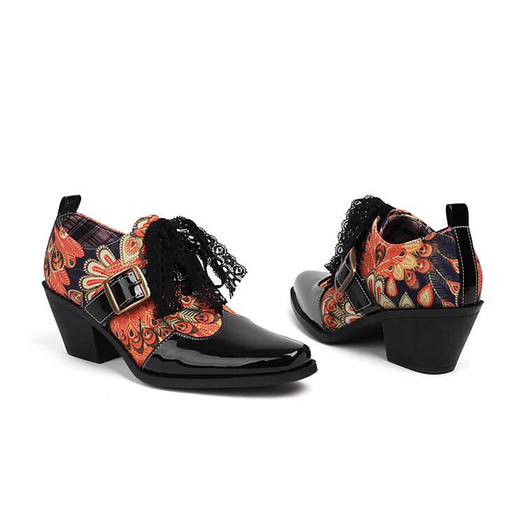 Zapatos Oxford con tacón grueso y punta cuadrada, con encaje atado y estampado de calaveras y rosas 