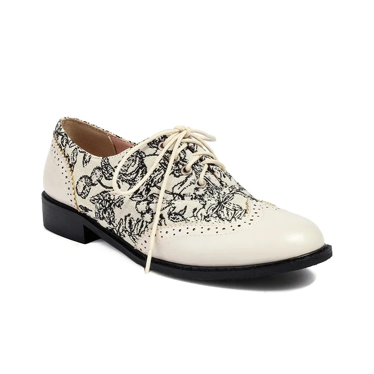 Floral Pattern Canvas Patchwork Lace Up Round Toe Casual Oxfords
