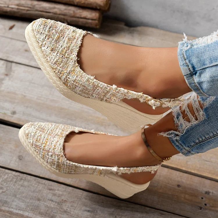 Raw Trim Pointed Toe Slingback Strap Buckle Wedge Sandals