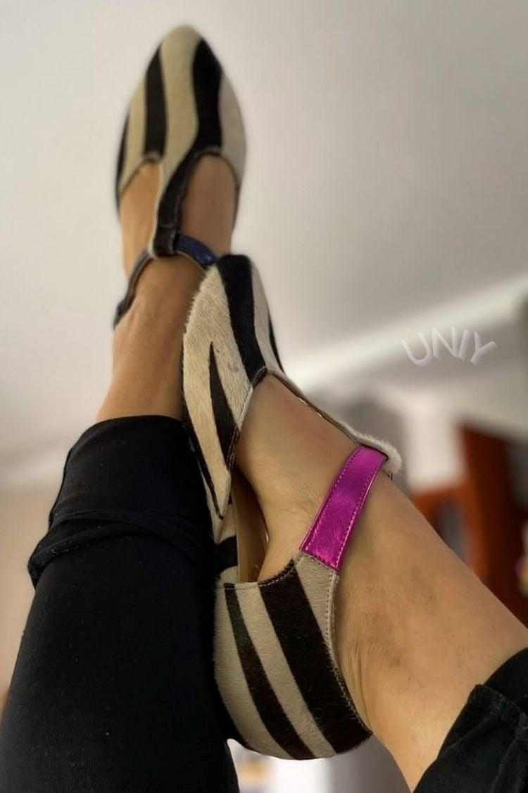 Ballerine con cinturino rosa metallizzato e punta a punta in cavallino con stampa zebra [Pre-ordine]