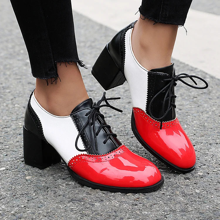 Lace Up Colorblock Round Toe Chunky Heel Brogue Oxfords