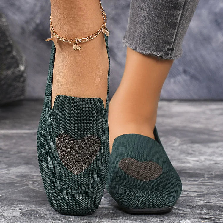 Heart Pattern Print Square Toe Slip On Knit Casual Flats