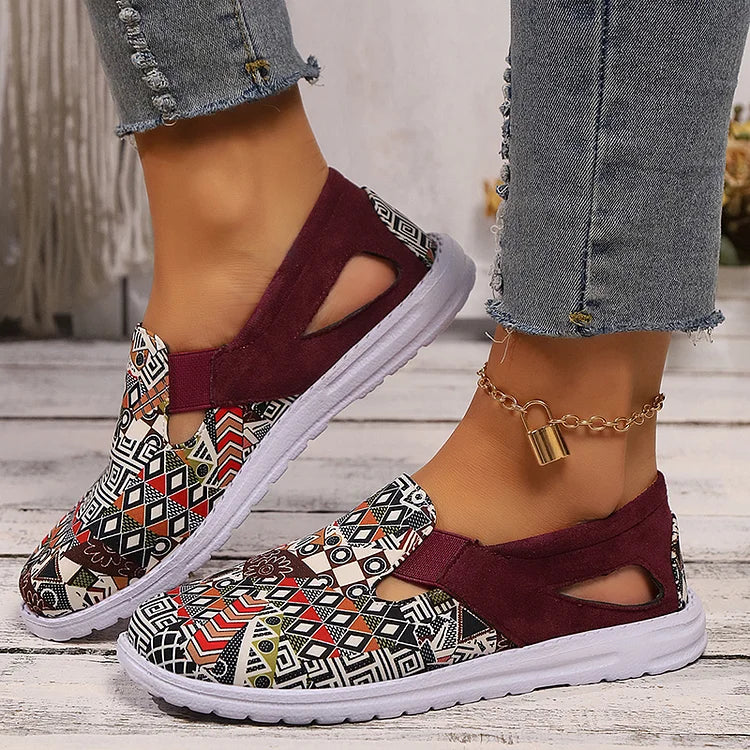 Ethnic Geo Pattern Print Cut Out Square Toe Slip On Loafers