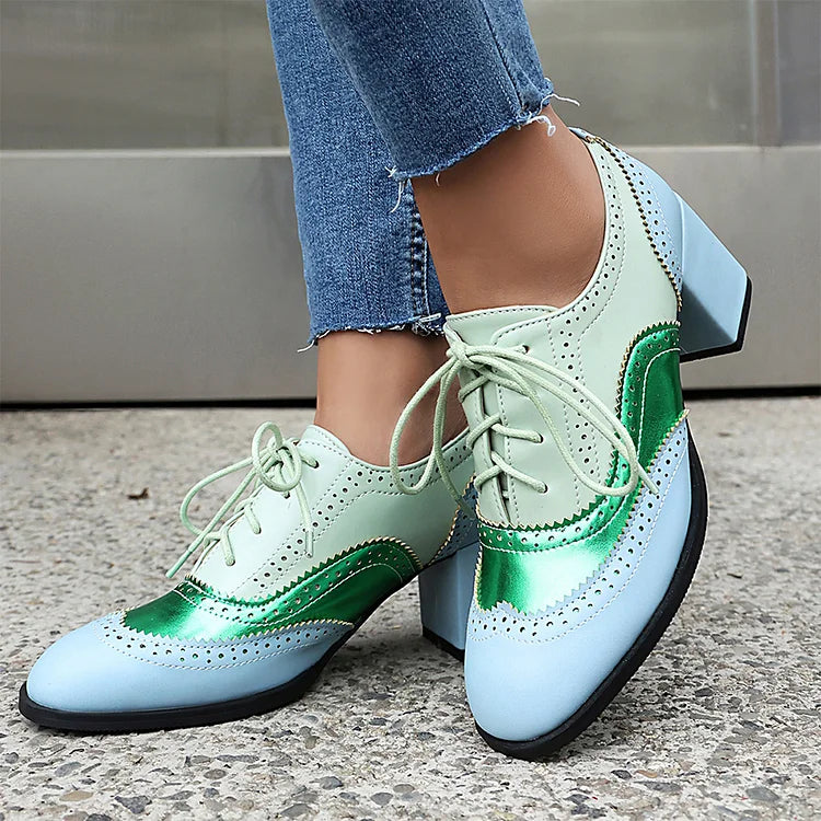 Scarpe Oxford Brogue con Tacco Grosso e Lacci, Punta Rotonda e Patchwork Color Block 