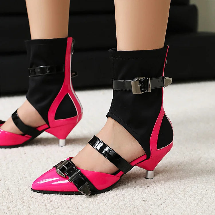 Sandali alti con cinturini multipli colorblock e fibbie, punta affilata 
