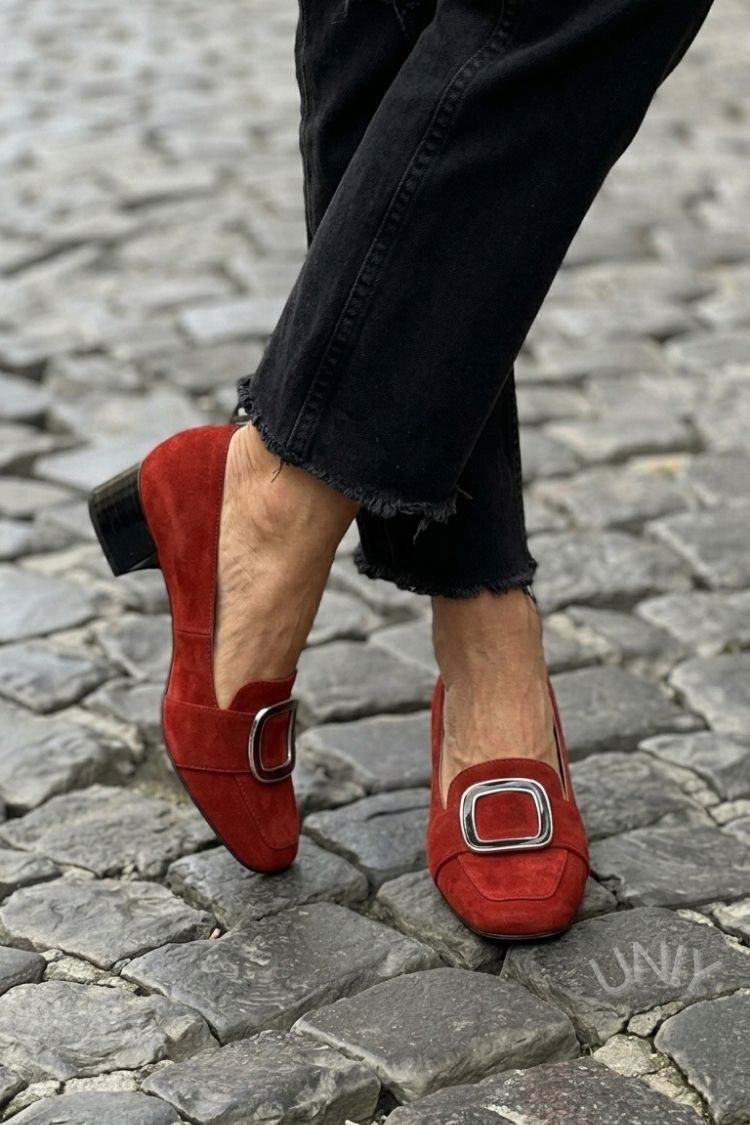 Burgundy Suede Large Metal Buckle Block Heel Loafers [Pre Order]