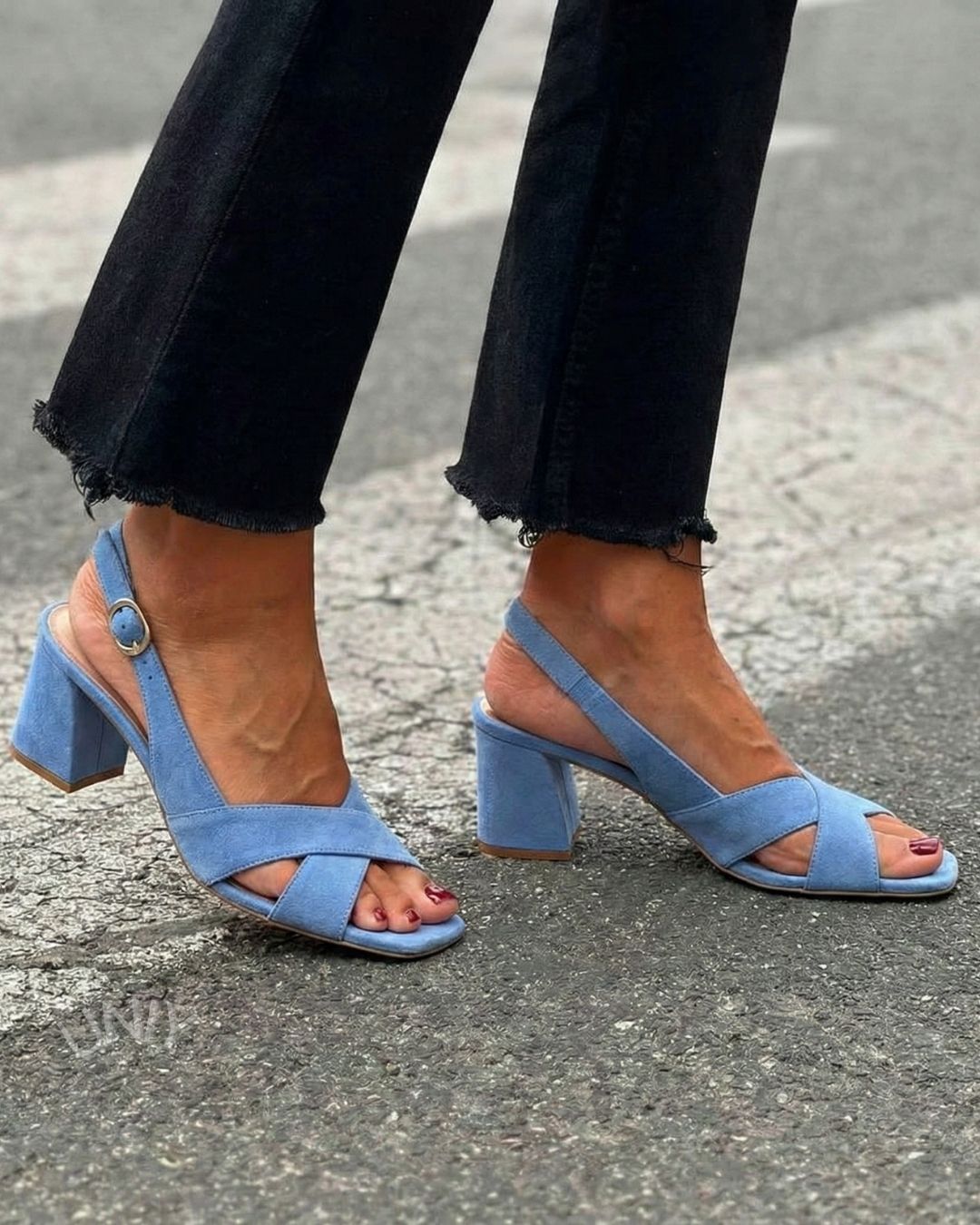 Light Blue Faux Suede Criss Cross Strap Block Heel Sandals [Pre Order]