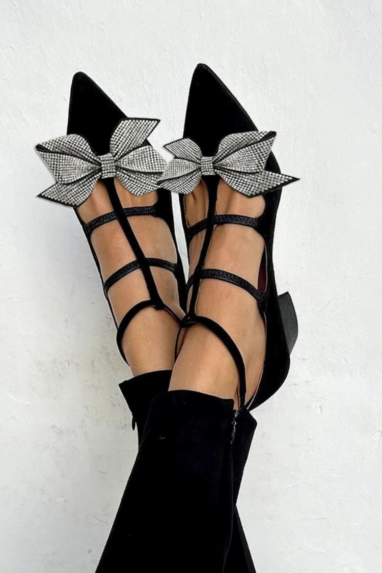 Schwarze spitze Zehen große Schleife Kunstwildleder Blockabsätze [Vorbestellung]