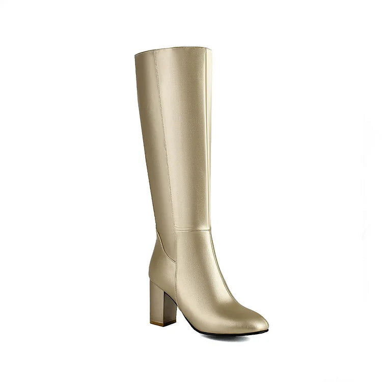 Stivali alti al ginocchio con cerniera tinta unita, punta rotonda e tacco spesso
