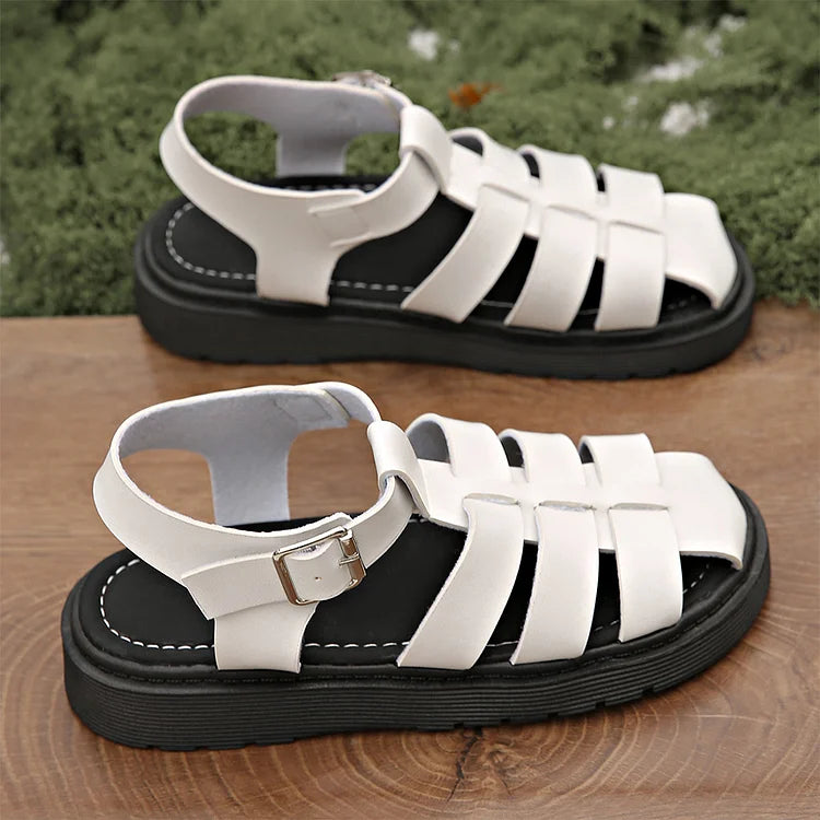 Woven Solid Color Hollow Out T-Strap Buckle Round Toe Sandals