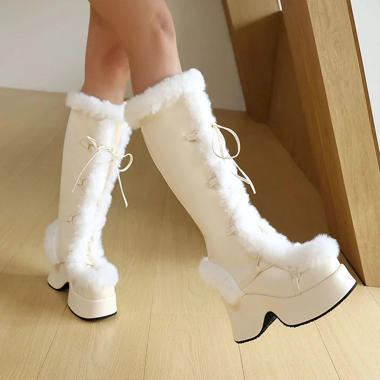 Fluffy Trim Lace Up Round Toe Chunky Heel Platform Snow Boots