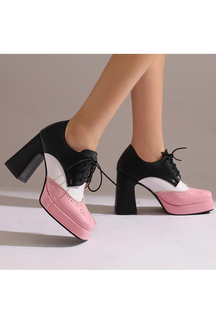 Scarpe con tacco grosso e plateau con lacci e punta quadrata in patchwork colorblock 