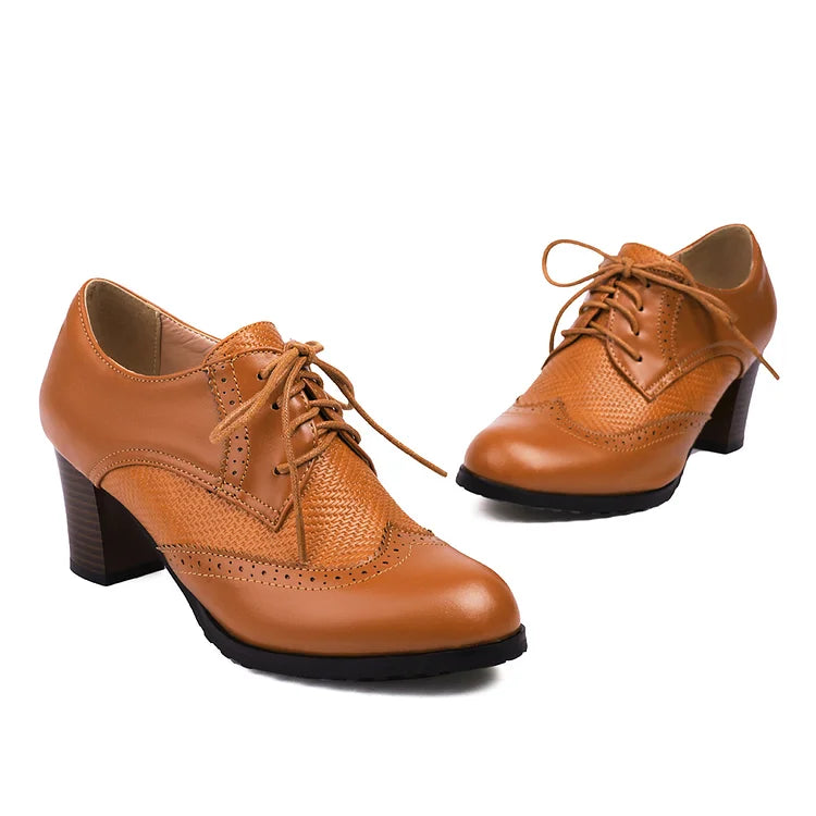 Metallic Sheen Patchwork Round Toe Lace Up Chunky Heels