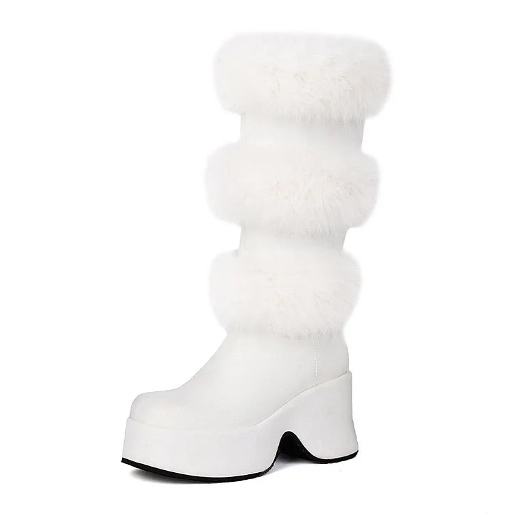 Colorblock Fluffy Trim Round Toe Chunky Heel Platform Mid Calf Boots