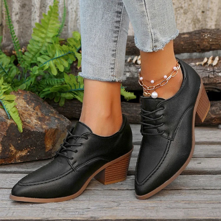 Patchwork Stitch Detail Pointed Toe Chunky Heel Lace Up Oxfords