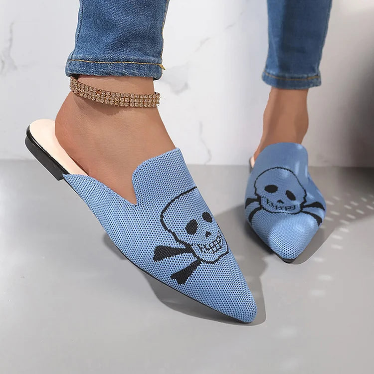 Casual Skull Print Pointy Toe Breathable Knit Mules