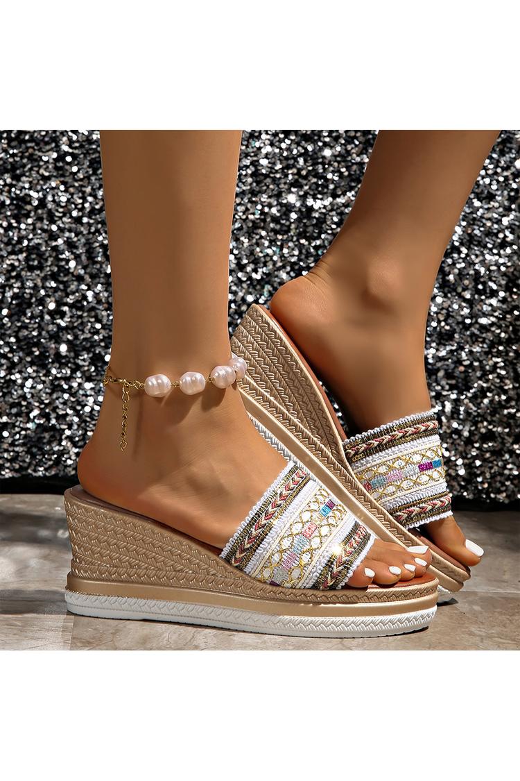 Pantofole casual con zeppa e punta rotonda in stile boho con motivo multicolore 