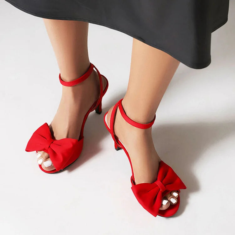 Bow Trim Peep-Toe Ankle Strap Mid Heel Stilettos