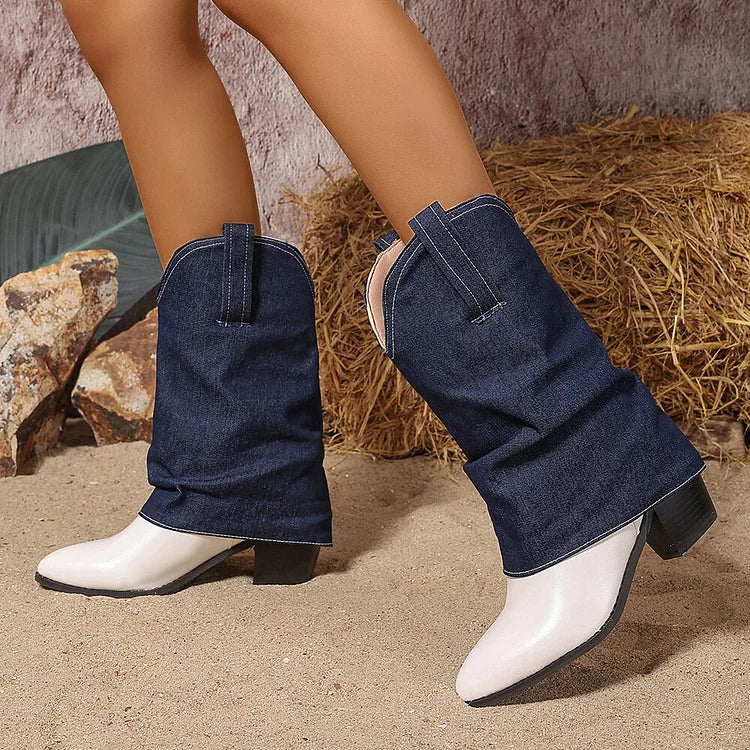 Denim Patchwork Fold Over Pointed Toe Chunky Heel Mid Boots