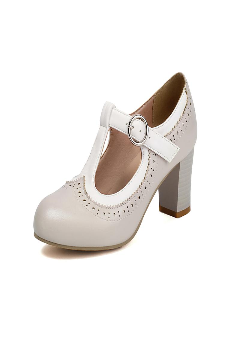 Colorblock T-Strap Buckle Round Toe Elegant Chunky Heels