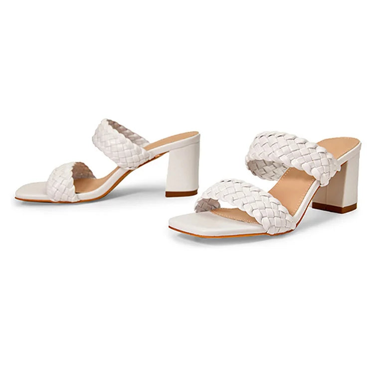 Woven Solid Color Square Toe Casual Sandals Chunky Heels
