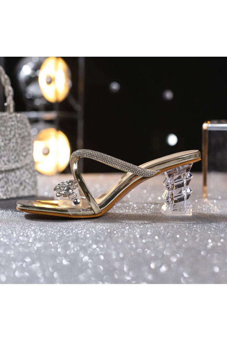 Eleganti tacchi a spillo spessi con punta quadrata, cinturino incrociato e decorazioni in strass 