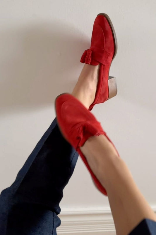 Røde lapper med frynser rund tå behagelige lave hæle loafers [Forudbestilling]