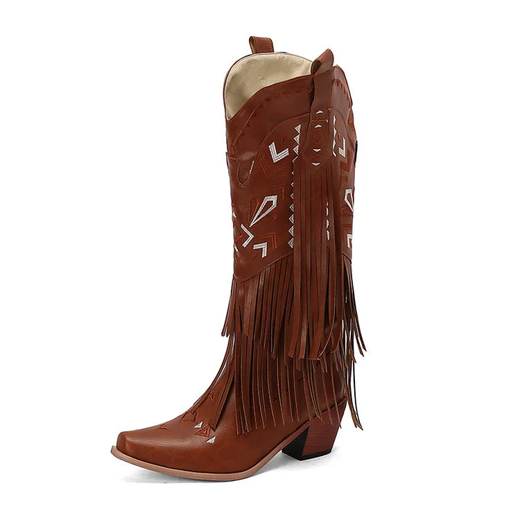 Tribal Pattern Embroidery Fringe Pointed Toe Chunky Heel Western Boots