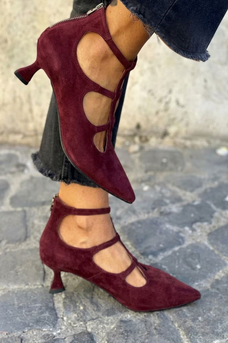 Hollow Out Ankle Strap Zip Pointed Toe Purple Kitten Heels