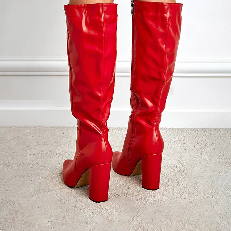 Patchwork Chunky Heel Solid Color Zipper Pointed Toe Knee High Boots