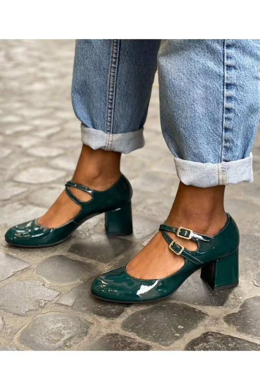 Patent Leather Double Strap Round Toe Block Heel Pumps [Pre Order]