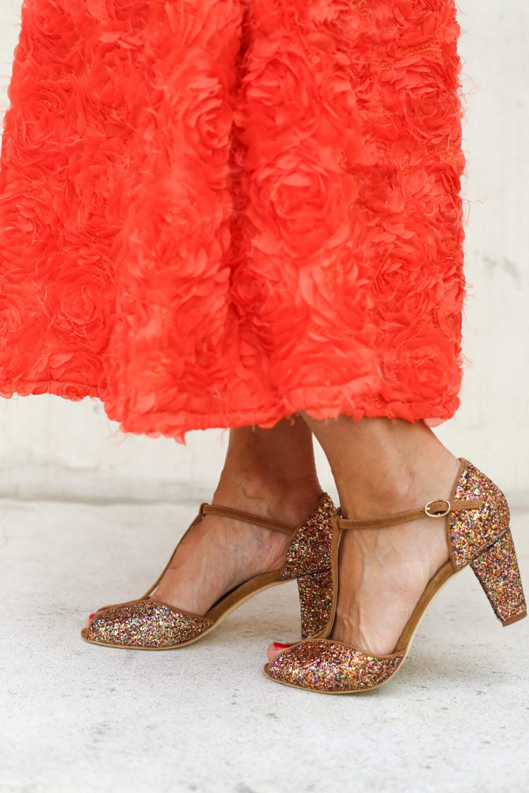 Multi Glitter Peep Toe T-Strap Bronze Chunky Heels [Pre Order]