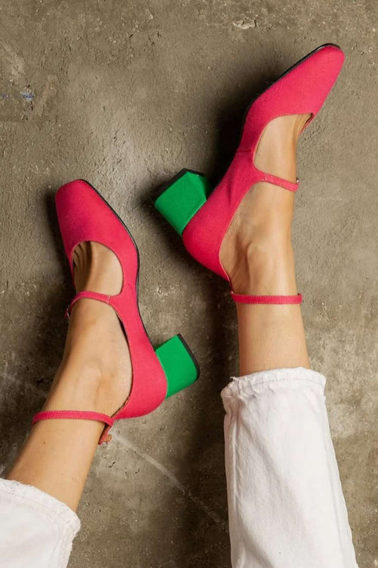 Scarpe con tacco grosso rosse, punta quadrata colorblock, due cinturini e fibbie [Pre-ordine]