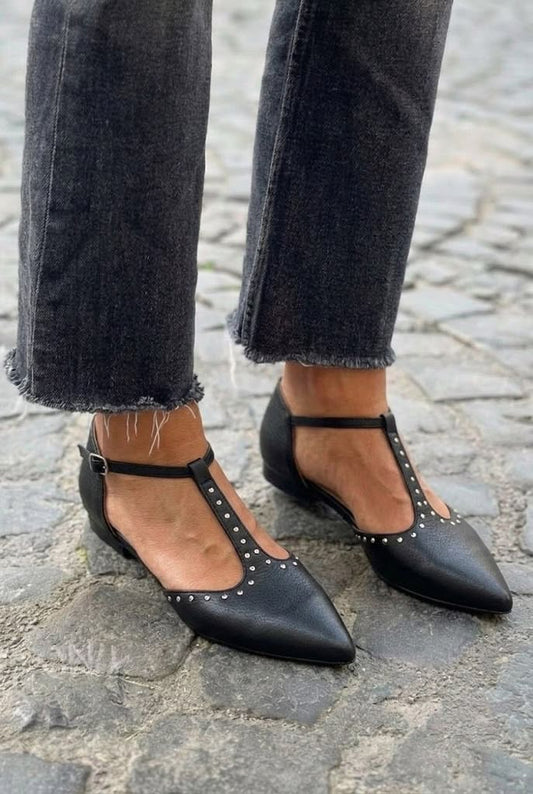 Studded T-Strap Pointed Toe Flat Elegant Shoes [Pre Order]