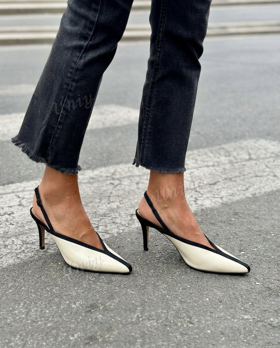 V-Cut Pointed Toe Slingback Kitten Heel Pumps [Pre Order]