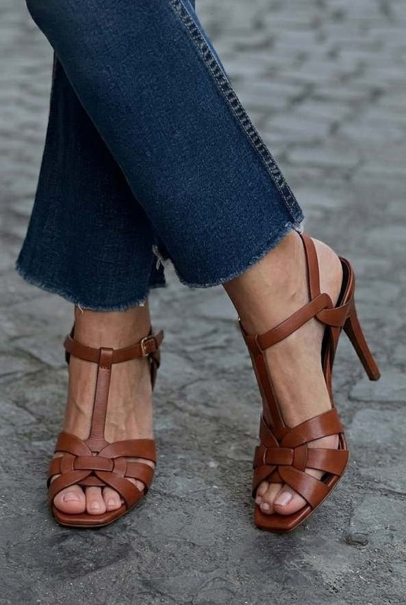 Woven Strappy Open Toe T-Strap Stiletto Sandals [Pre Order]