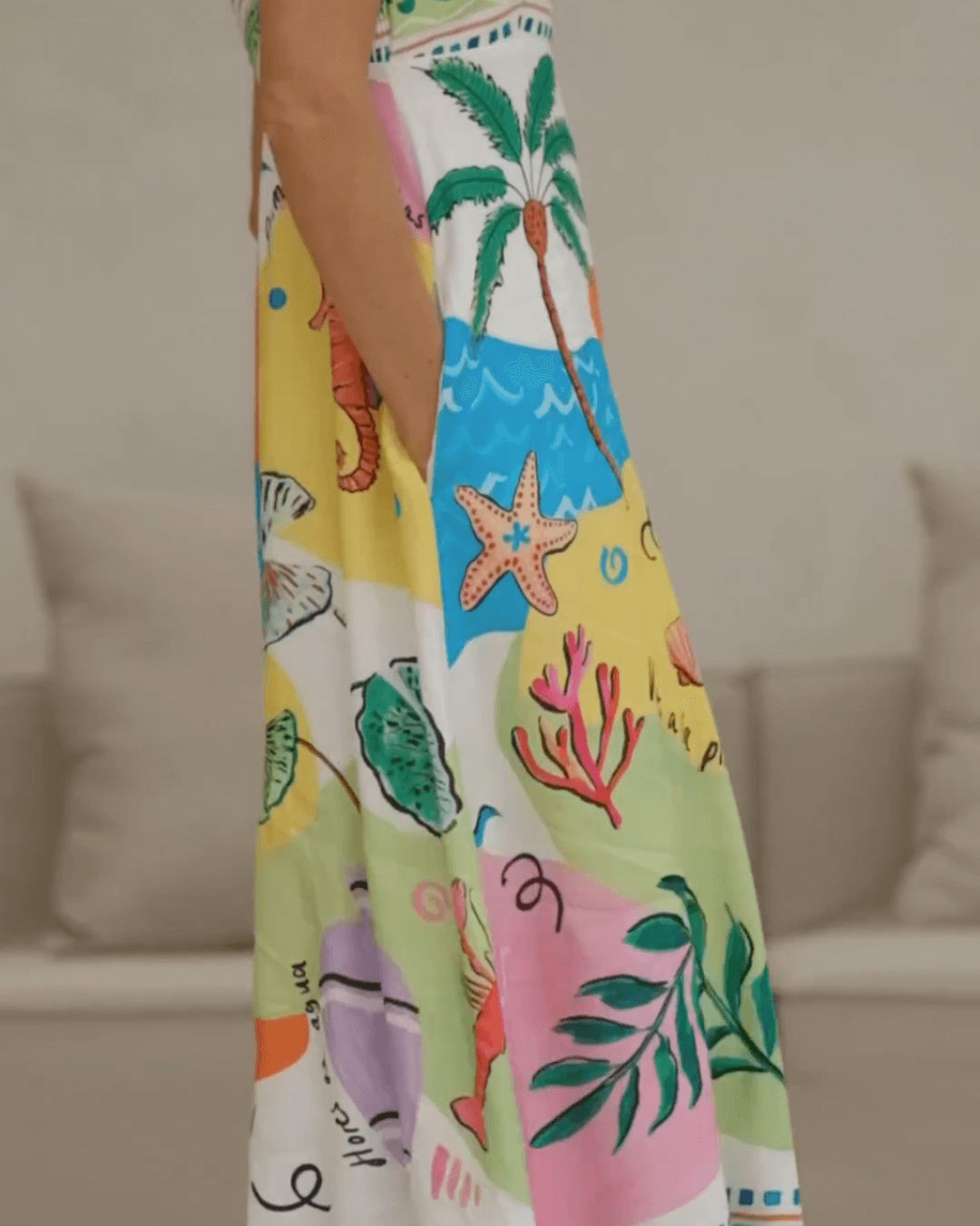 Linen Blend Unique Print Smocked Back Pocket Maxi Dress