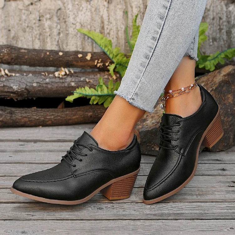 Patchwork Stitch Detail Pointed Toe Chunky Heel Lace Up Oxfords