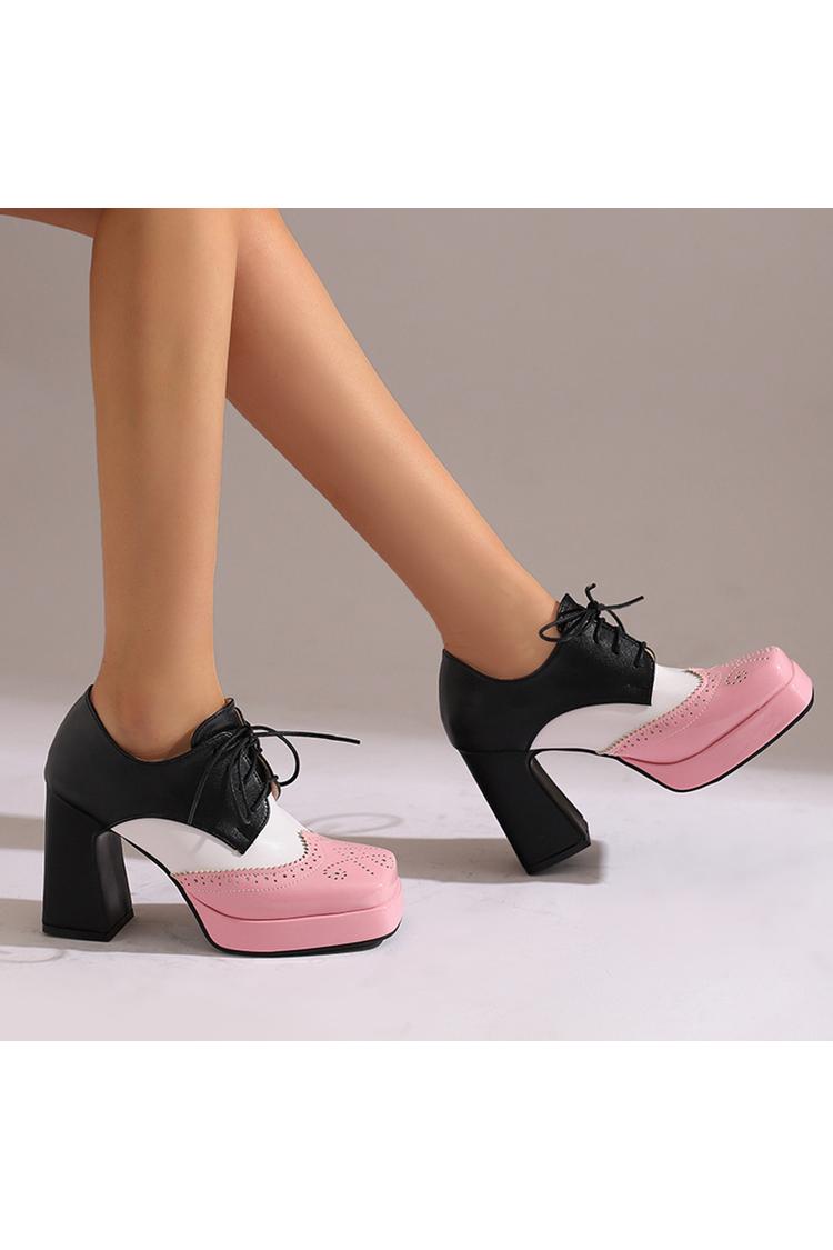 Scarpe con tacco grosso e plateau con lacci e punta quadrata in patchwork colorblock 