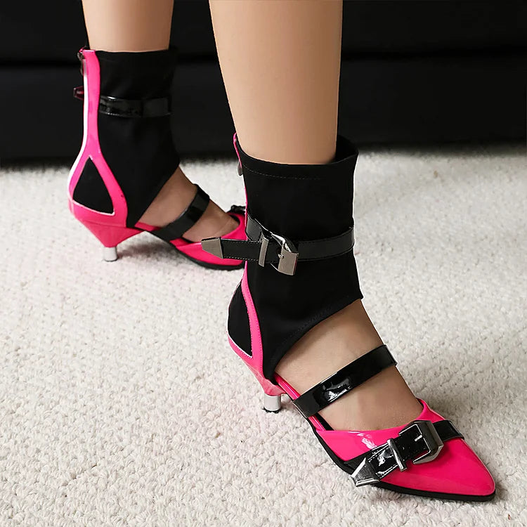 Sandali alti con cinturini multipli colorblock e fibbie, punta affilata 